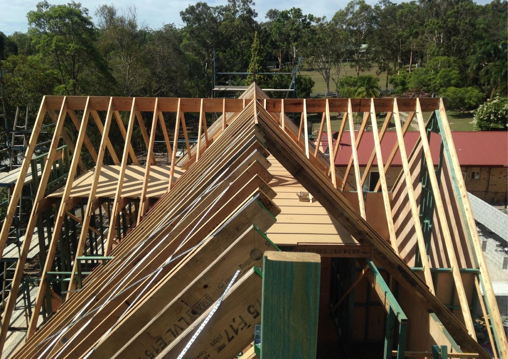Close-up of timber roof truss construction on a residential home
